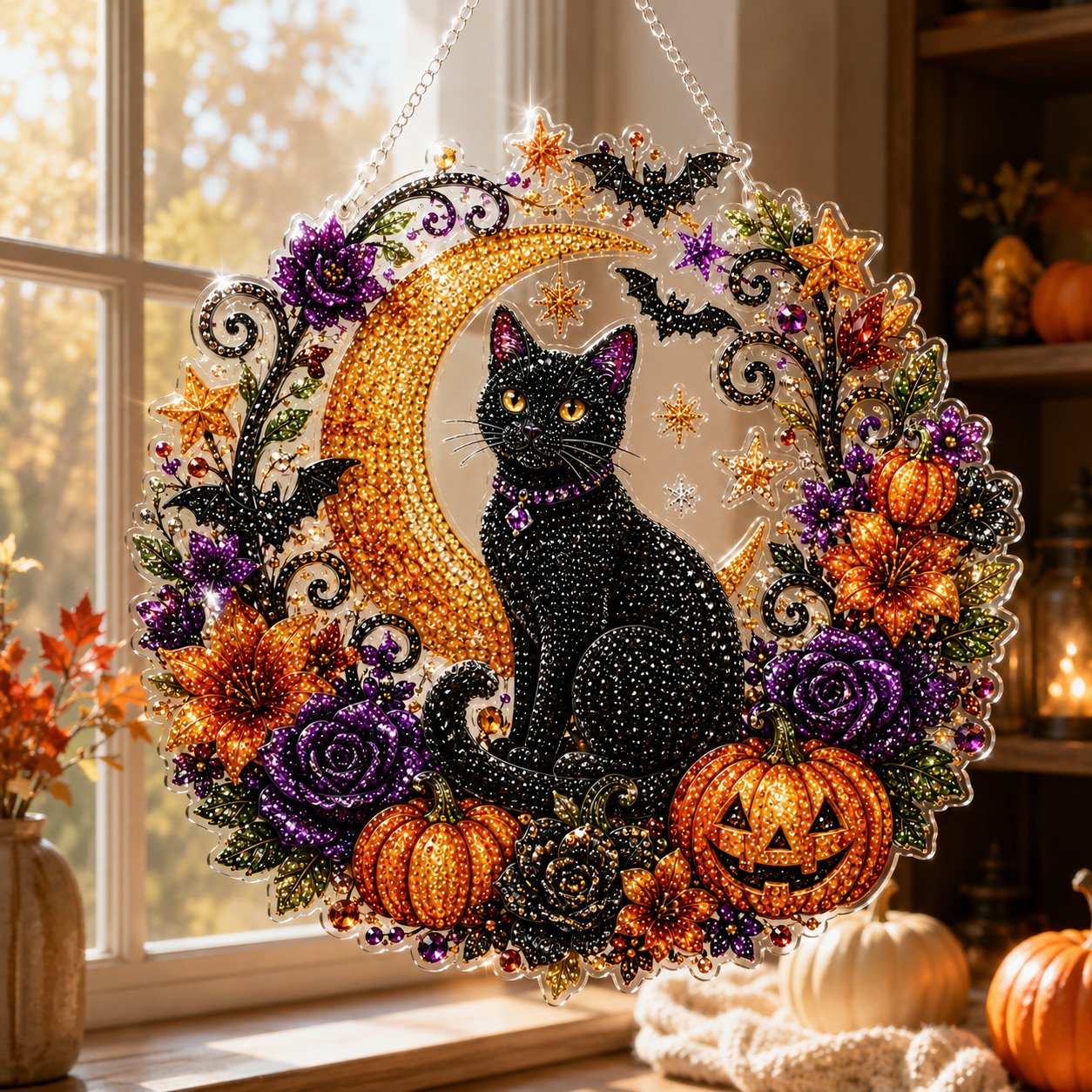 Black Cat Moon Diamond Art Hanging Ornament Kit – Relaxing DIY Halloween Craft