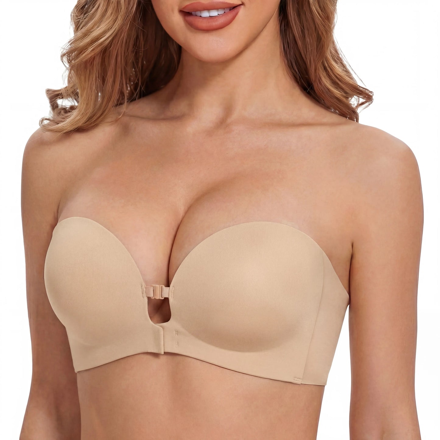 Womens Strapless Front Closure Push Up Bra – Padded Lift Add Cup, Non-Slip Grip Wireless Supportive Seamless Tube Bra for Comfortable Everyday Wear