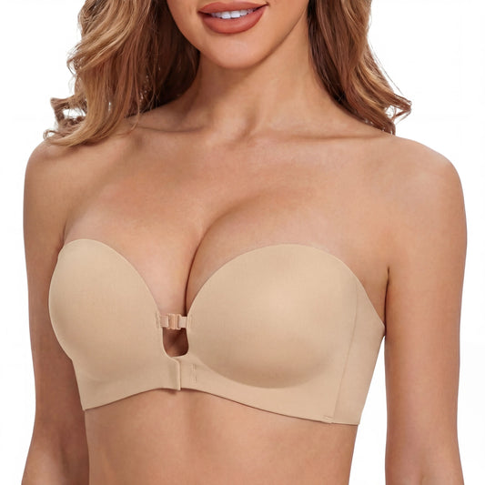 Womens Strapless Front Closure Push Up Bra – Padded Lift Add Cup, Non-Slip Grip Wireless Supportive Seamless Tube Bra for Comfortable Everyday Wear