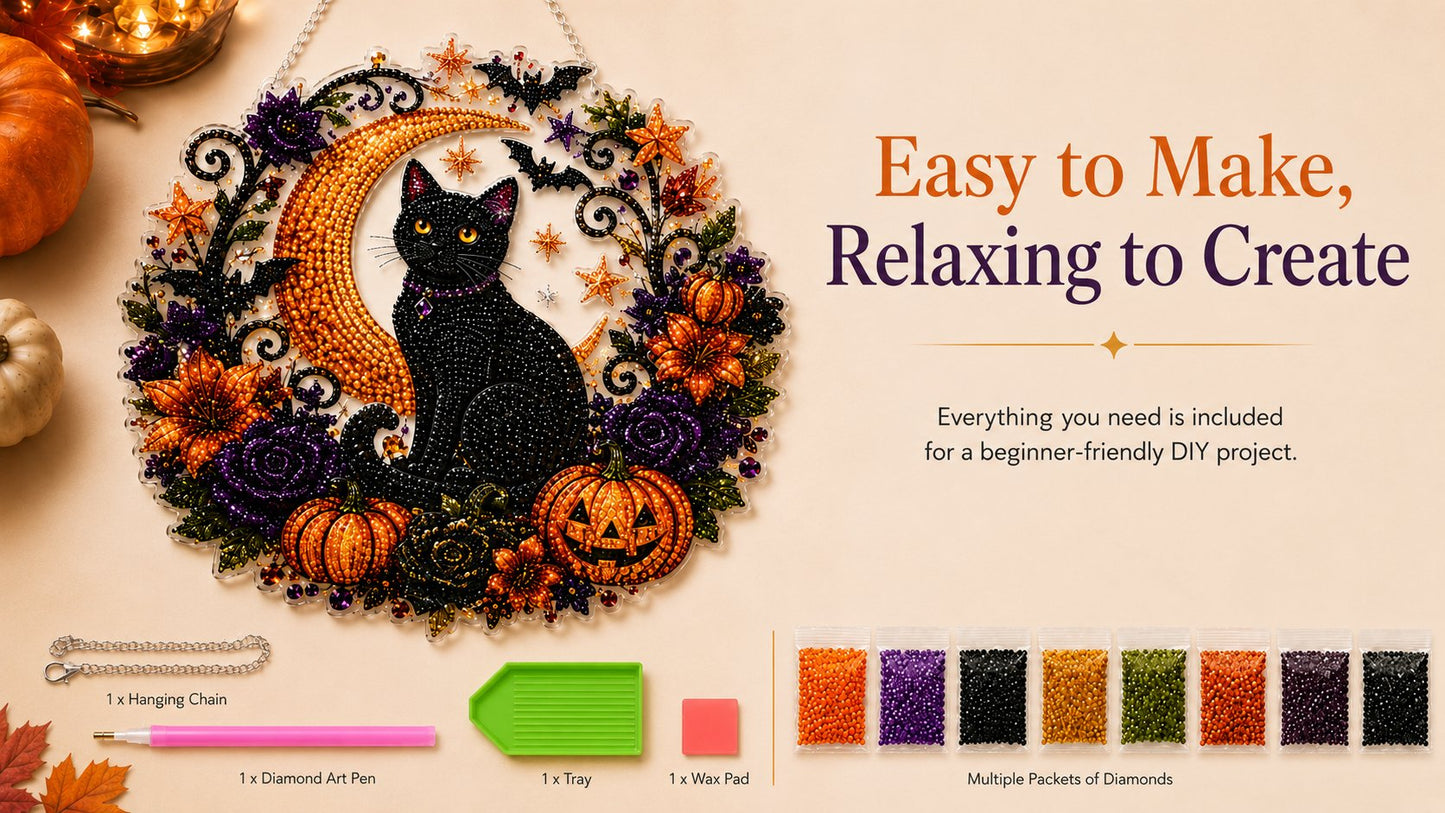 Black Cat Moon Diamond Art Hanging Ornament Kit – Relaxing DIY Halloween Craft