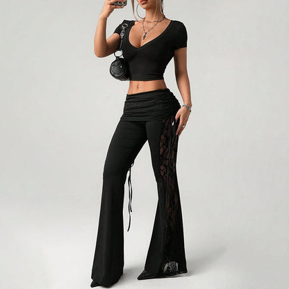👖Women's Ruched Lace Flare Pants – Stretchy, Slimming, Elegant 💃✨