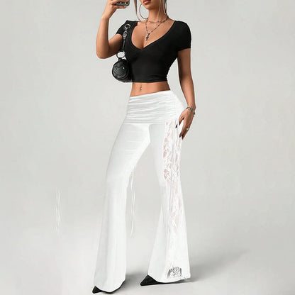 👖Women's Ruched Lace Flare Pants – Stretchy, Slimming, Elegant 💃✨